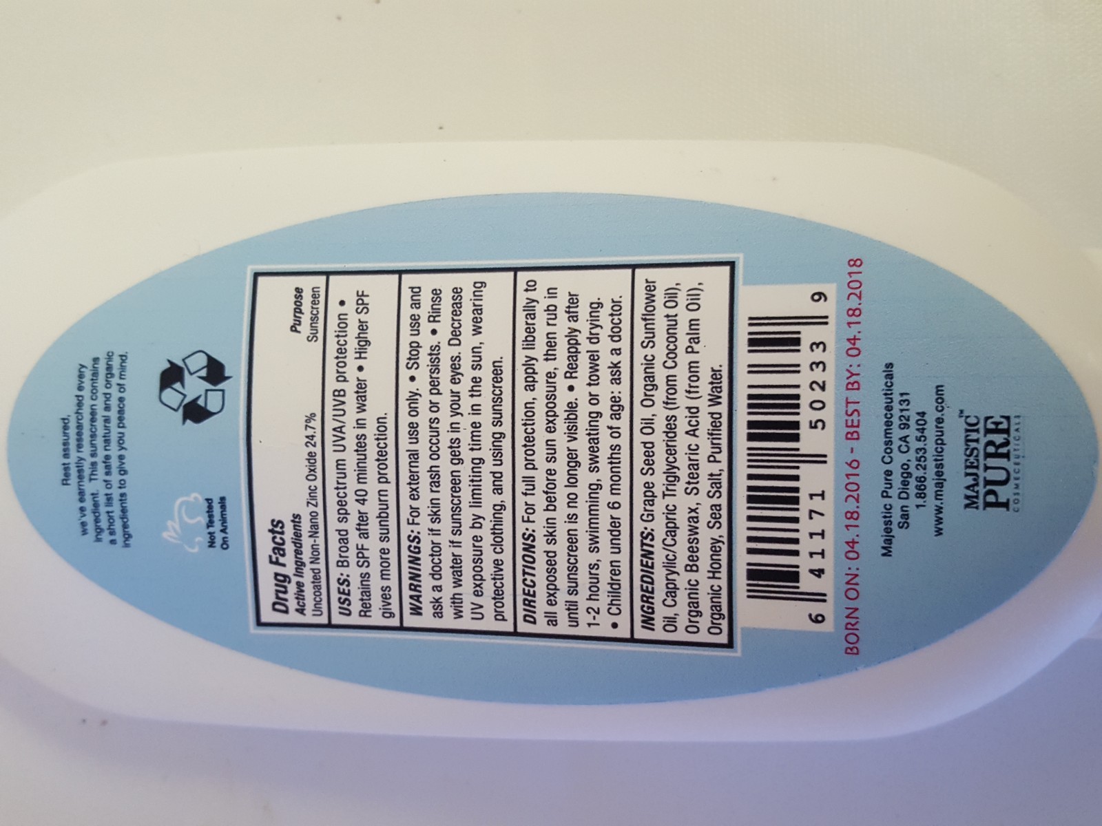 2 Majestic Pure Baby SPF 30+ Sunscreen 100% Natural Formula 2 pk Best By 4/30/18