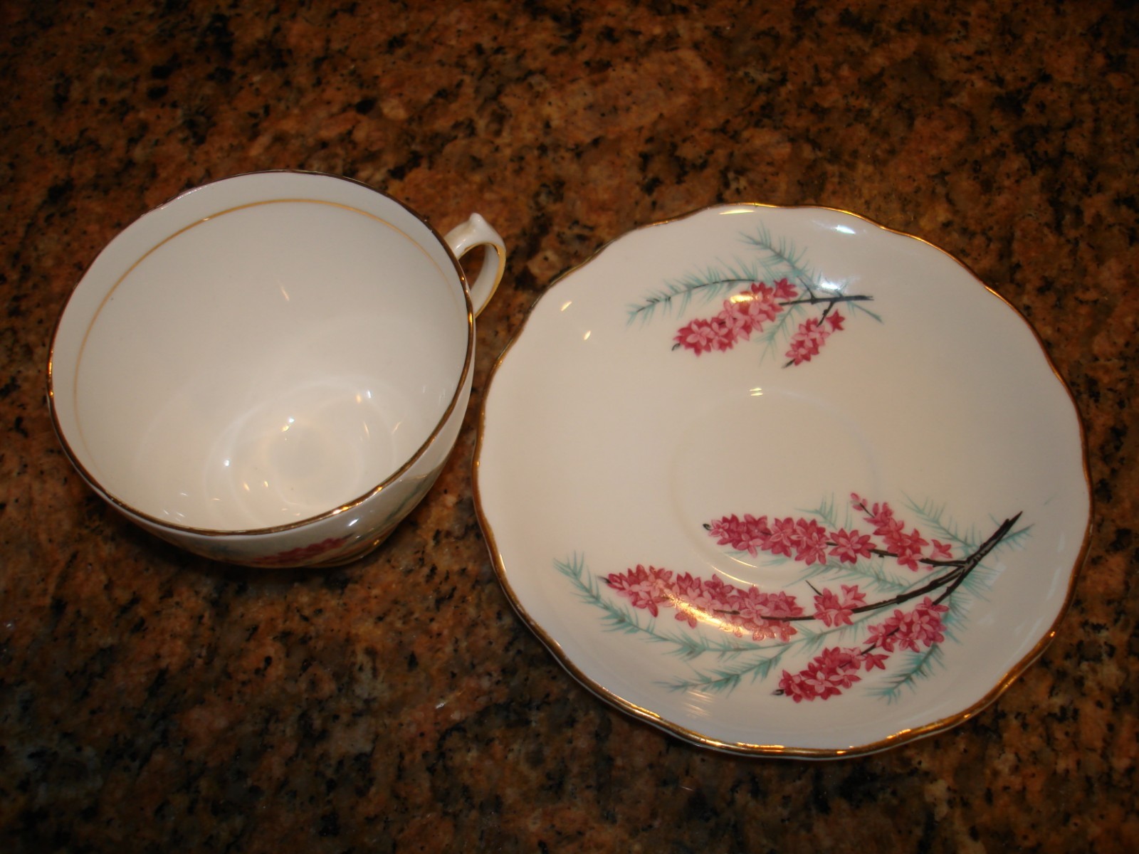 Vintage Colclough Tea Cup & Saucer Bone China Gold Pink Heather England