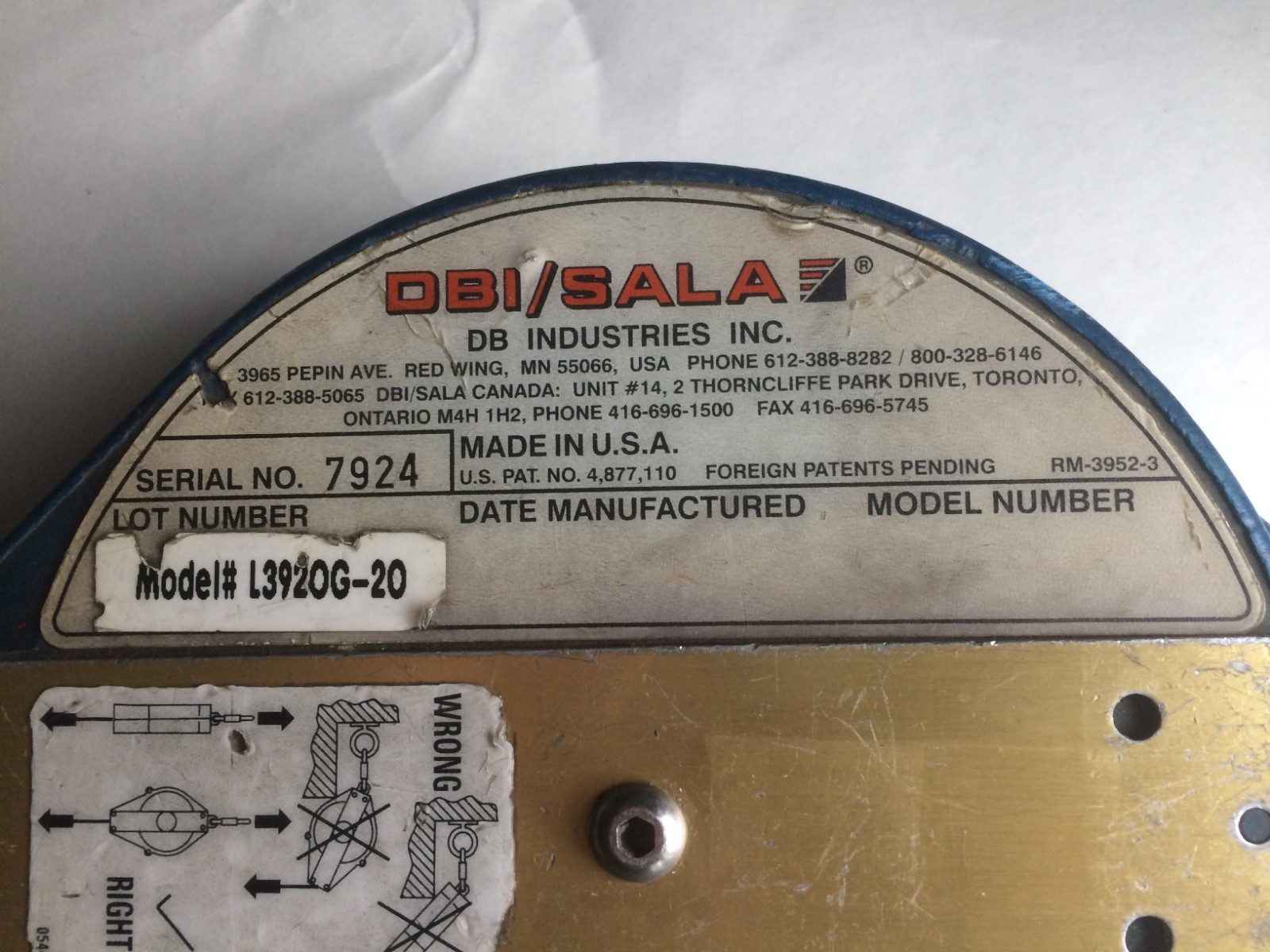 DBI/SALA DB Industries Ultra Lok Self Retracting Lifeline 20 Ft 6367 L3920G 20