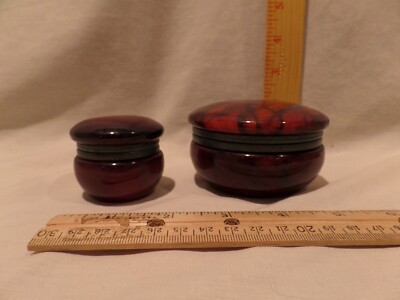 VINTAGE ALBASTER ROUND HINGED TRINKET-JEWELRY BOXES--SET OF 2--HAND CARVED--MADE