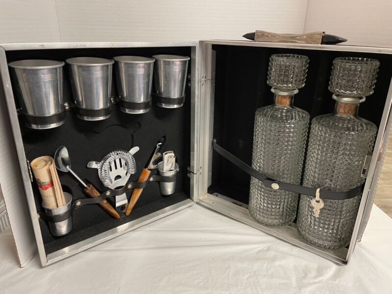 Vintage Travel Bar Set in Hard Case w/ 2 Glass Decanters Great for Campers 