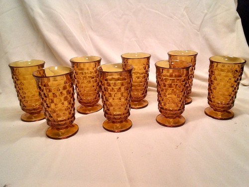 SET OF 8 VINTAGE AMBER INDIANA WHITEHALL FOOTED DRINKING GLASSES