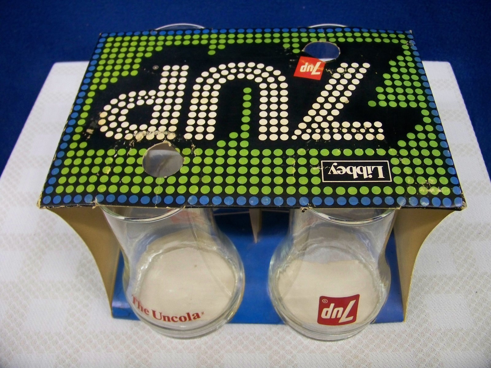 Libbey 7-UP uncola drinking 16oz glasses 1970's (4) with original carton *RARE*