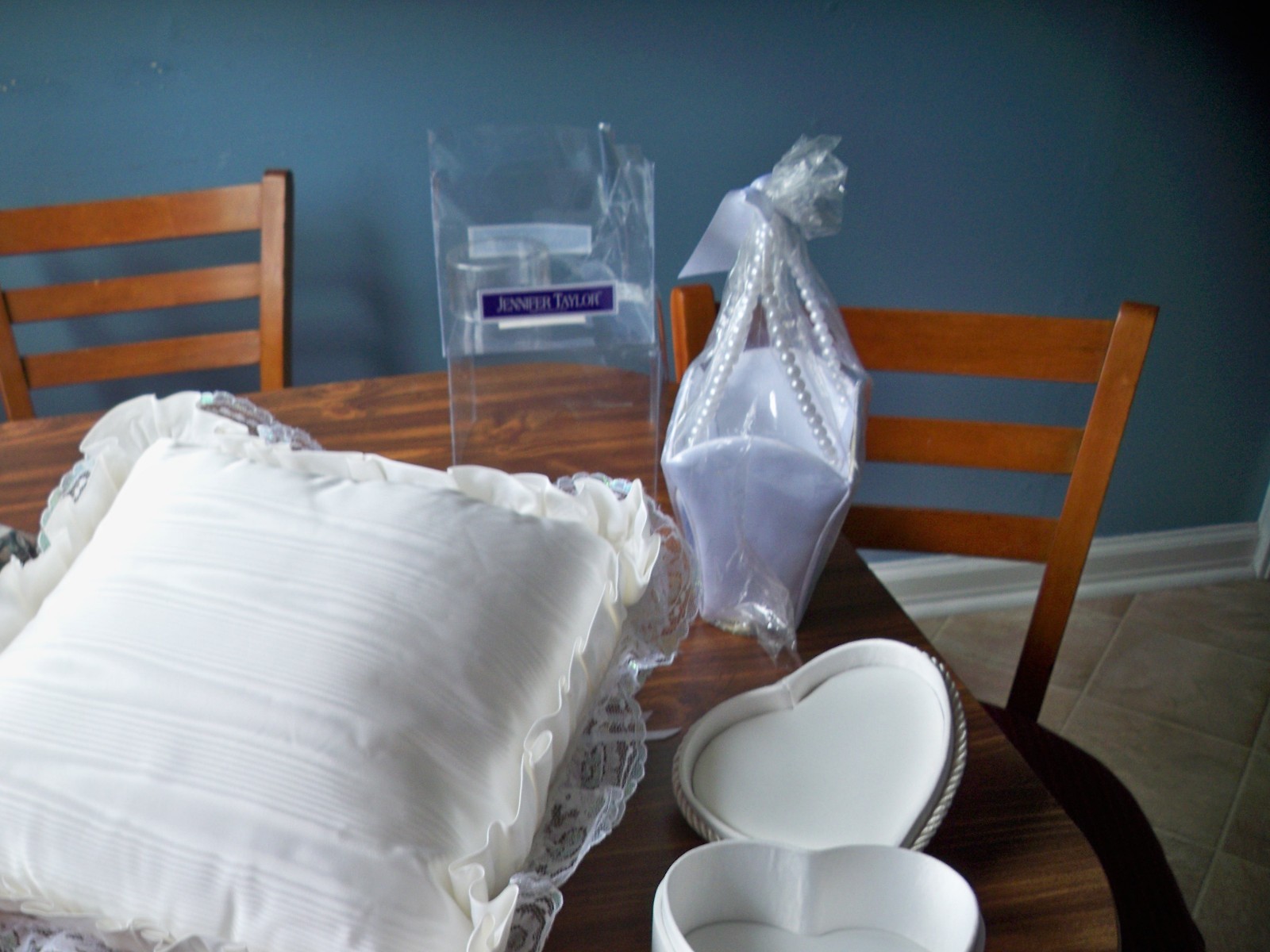 LACE WEDDING RING PILLOW,PEARL HANDLE FLOWER GIRL BASKET,AND BRIDAL CHEST BOX