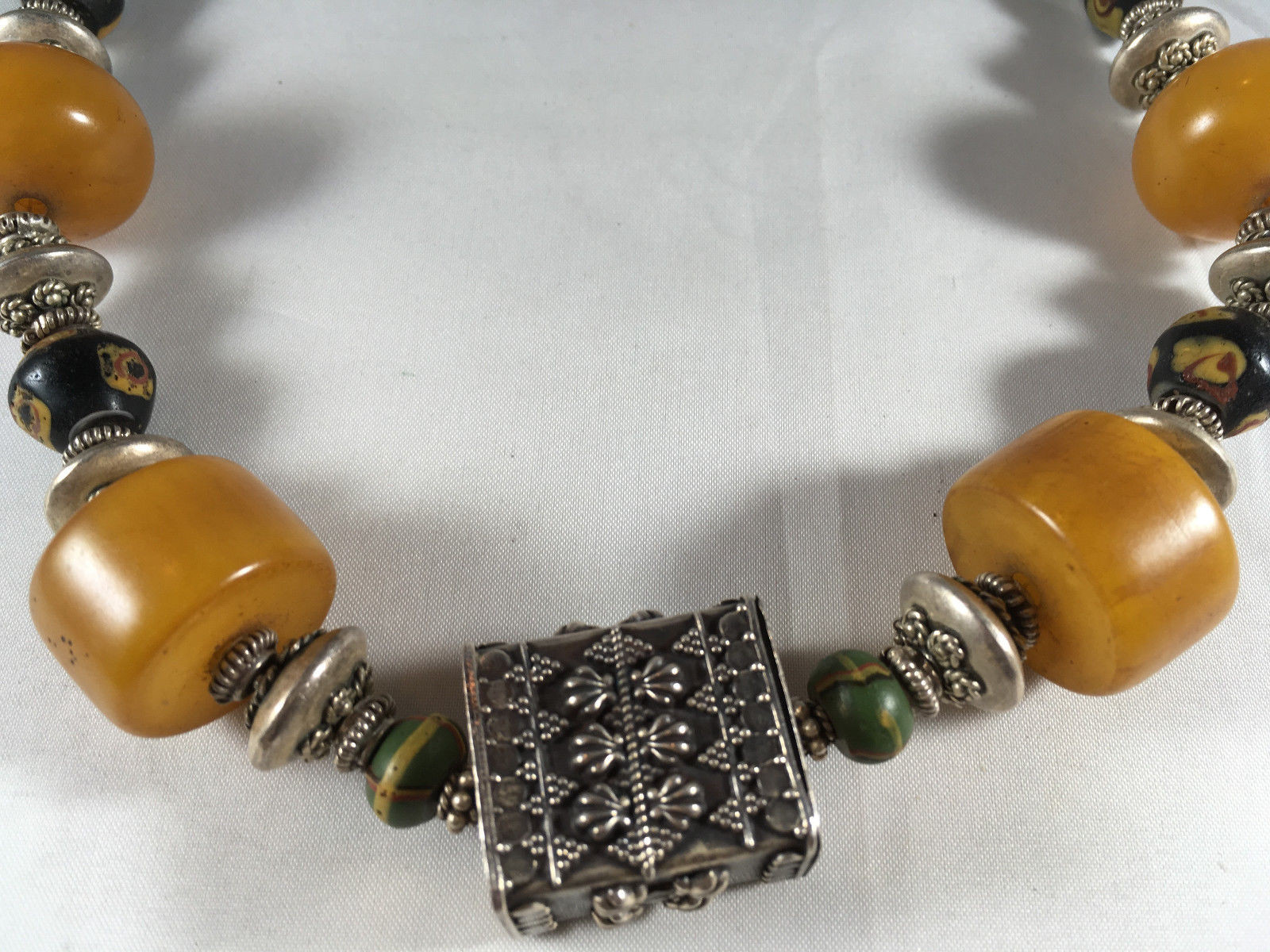Vintage African Trade Bead Necklace with Amber and Sterling silver