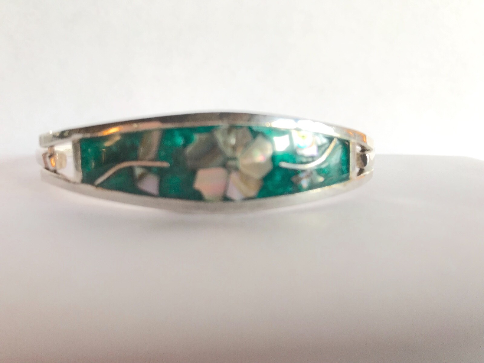 Vintage Taxco Mexico Sterling Silver Abalone Shell Flower Inlay Cuff Bracelet