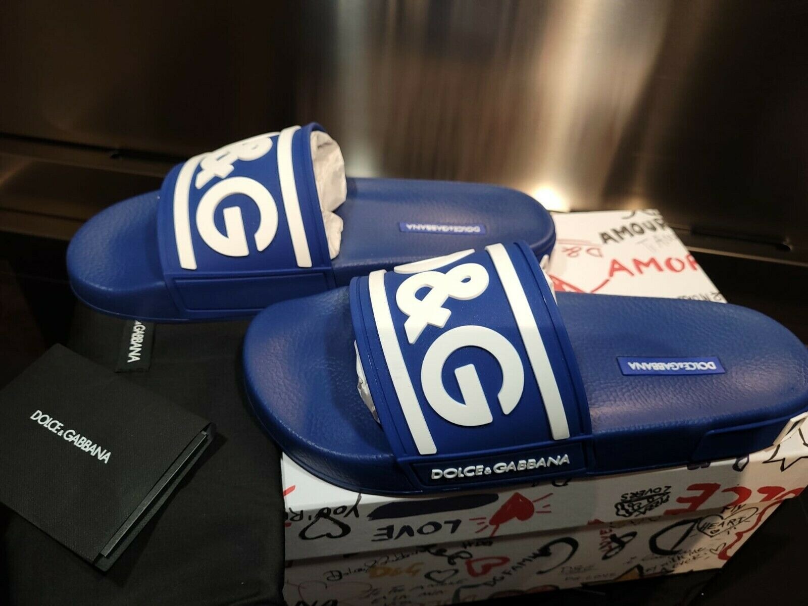Dolce & Gabbana SUEDE SANDALS スエード サンダル 軽量 ロゴ DOLCE&GABBANA Rubber Blue/White Slide Sandals New Size 39 US