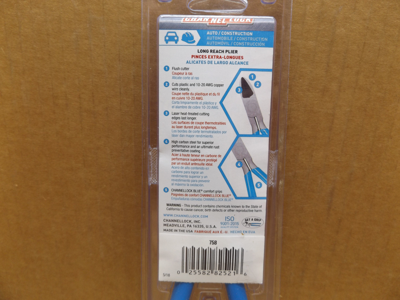 Channellock  758 Diagonal Flush Cutter Long Reach Pliers 10-20 AWG USA  **NEW**