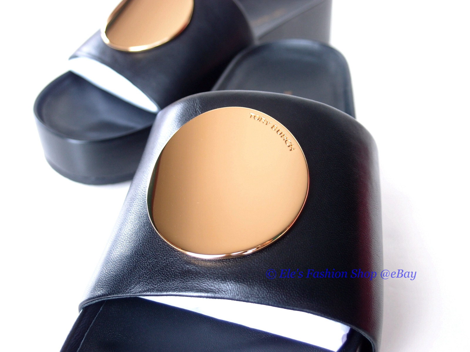 Pre-owned Tory Burch Patos Disk Leather Slides Black Us 8.5 Authentic