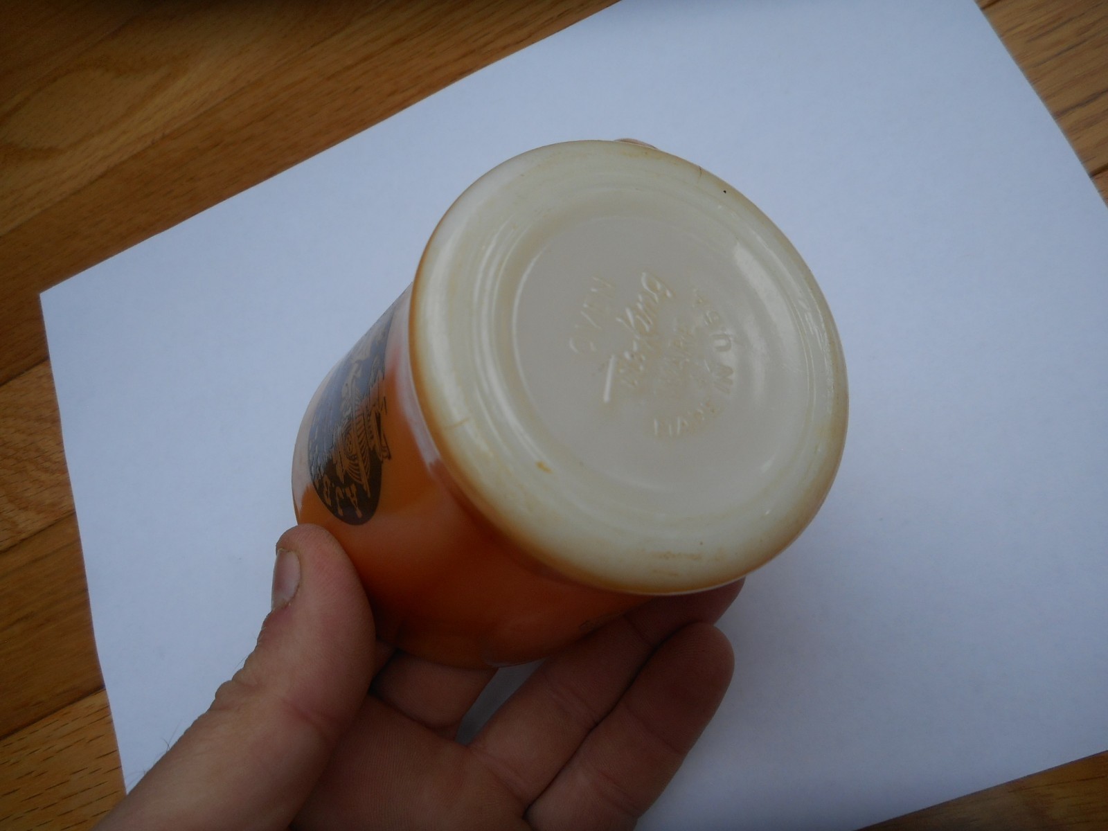 Vintage A.J. Bayless Grocers Grocery Fire King Peach Lustre Glass Coffee Cup