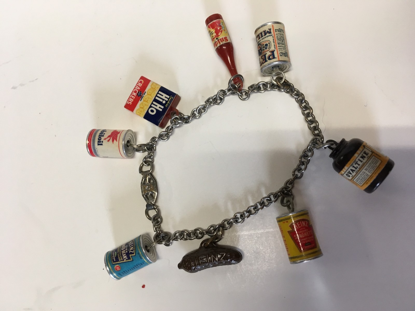 Vintage Charm Bracelet Heinz Mini Products + Mobiloil, Ovaltine, Pet Milk, HiHo