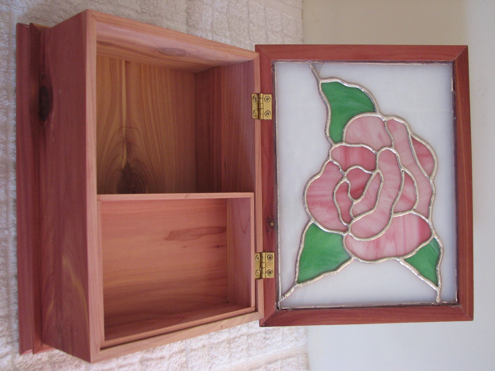 LEADED STAINED GLASS ROSE WITH CEDAR JEWELRY BOX MADE IN USA
