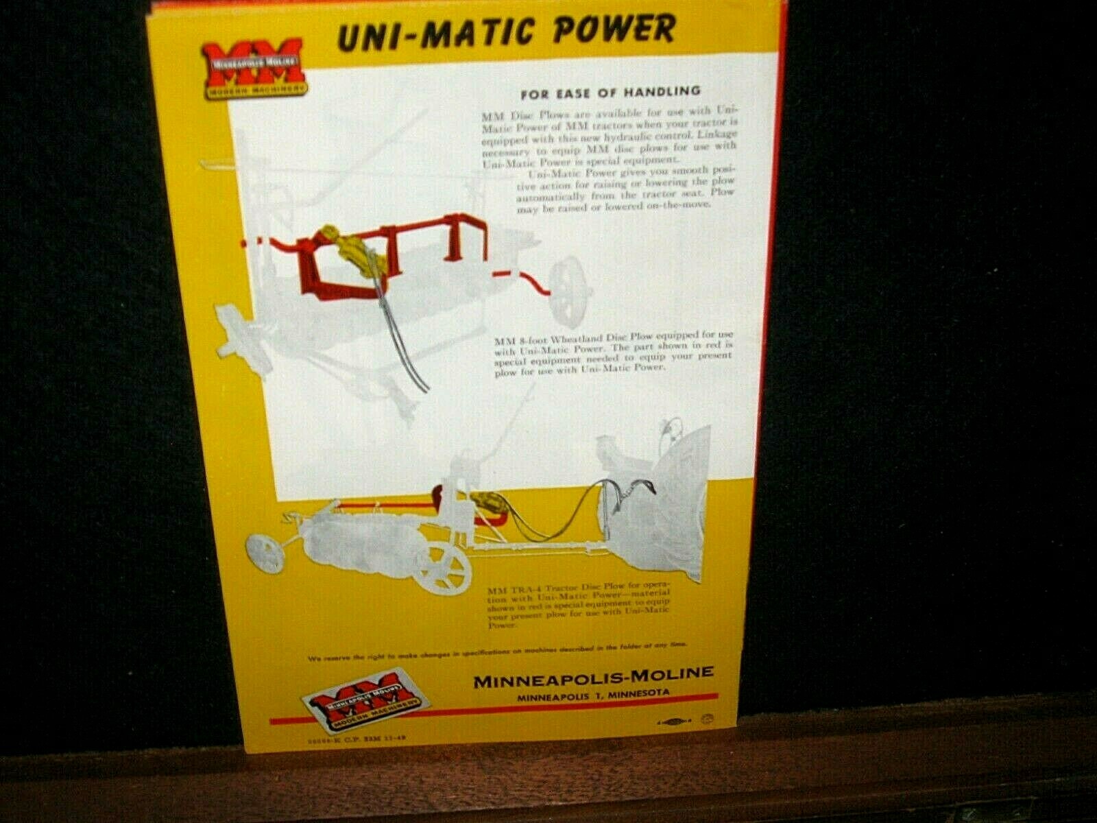 Vintage 1949 Minneapolis Moline MM Tractor Disc Plows Sales Brochure Farm Adv