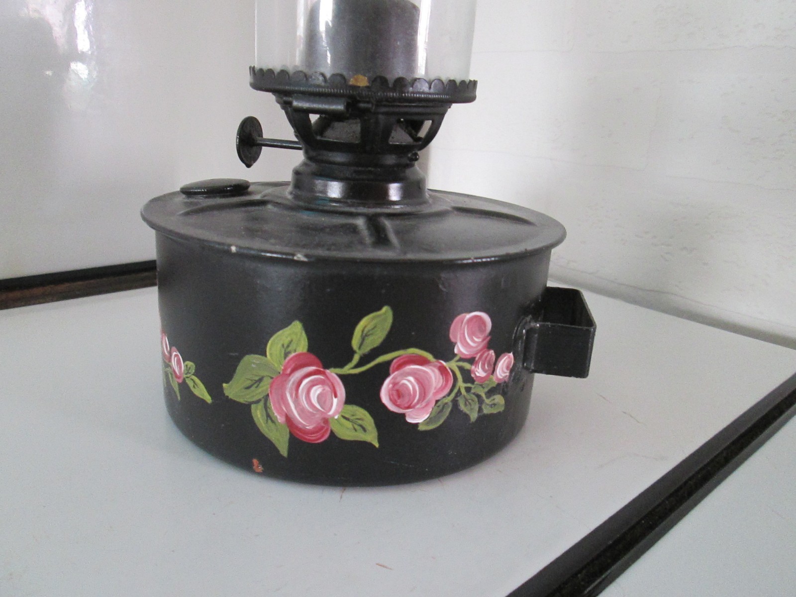 Vintage Kerosene Lantern Black Metal Toleware Painted  w/ Glass Chimney