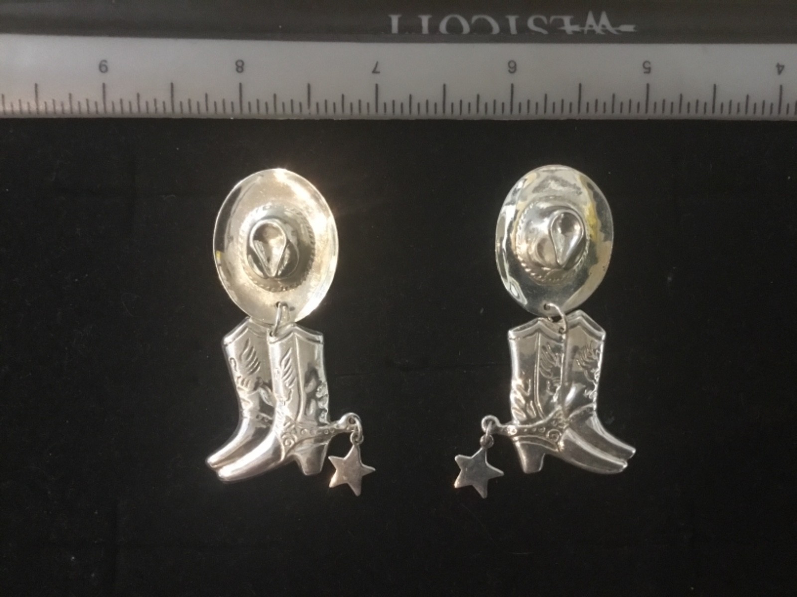Indian Southwest 925 Sterling Silver Cowboy Boot/Hat/Texas Hanging Stud Earrings