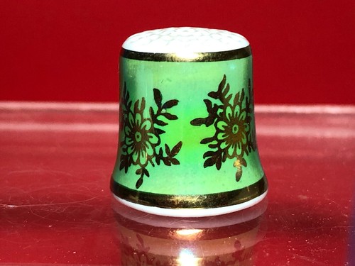 Vintage THIMBLE Western Germany Green Gold Floral Flowers