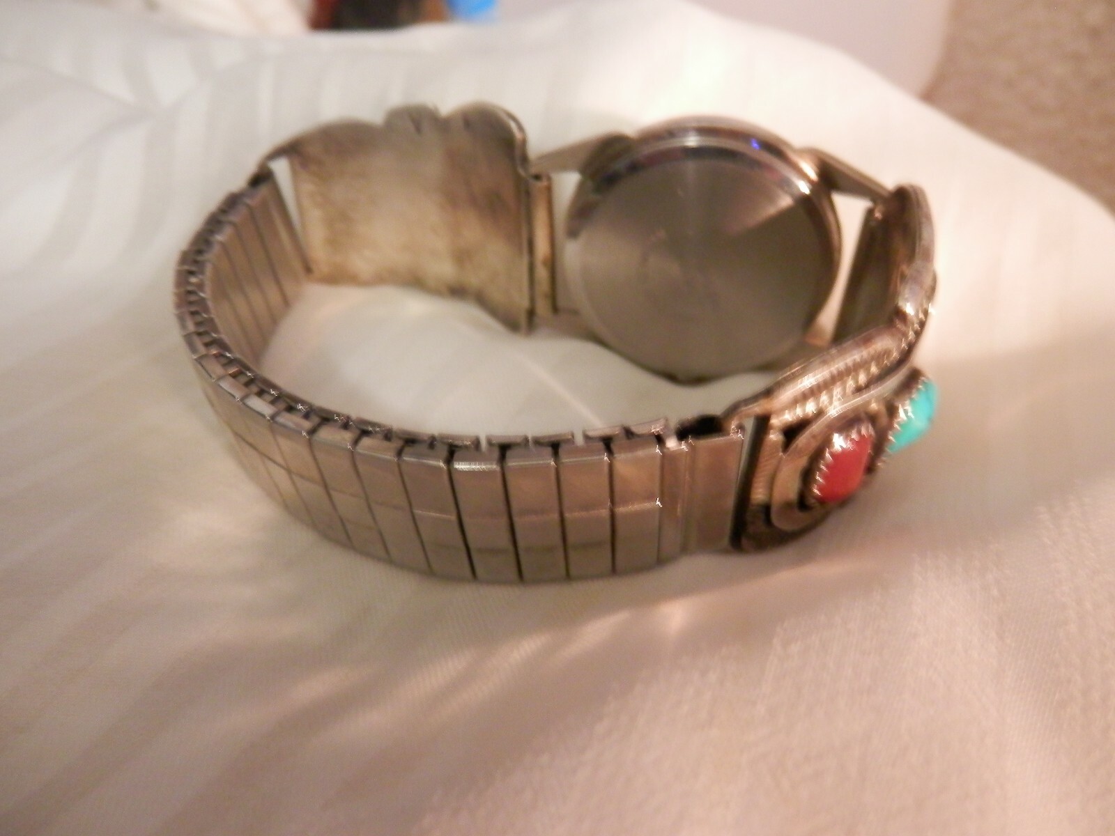 MEN NAVAJO WATCH ATTRACTIVE STERLING SILVER TURQUOISE BAND SIGNED A