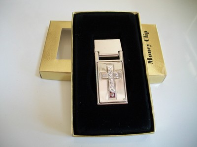 New Fashion Silver Finish Cross CZ Money Clip Men's Wallet Light In Box