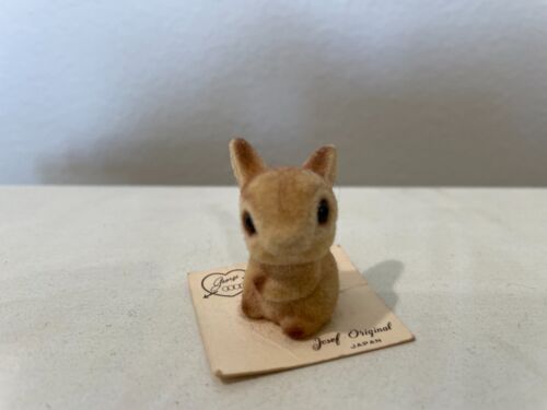 Vintage Josef Originals Miniature Fuzzy Flocked Bunny Rabbit Figurine On Card #1