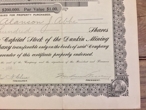 Dunkin Mining Company Stock Certificate Maine 1916 100 Shares