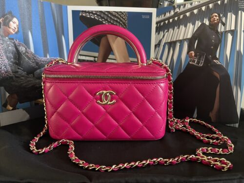 CHANEL RARE Pink Fuchsia GHW Quilted Vanity Metal Top Handle Chain Bag
