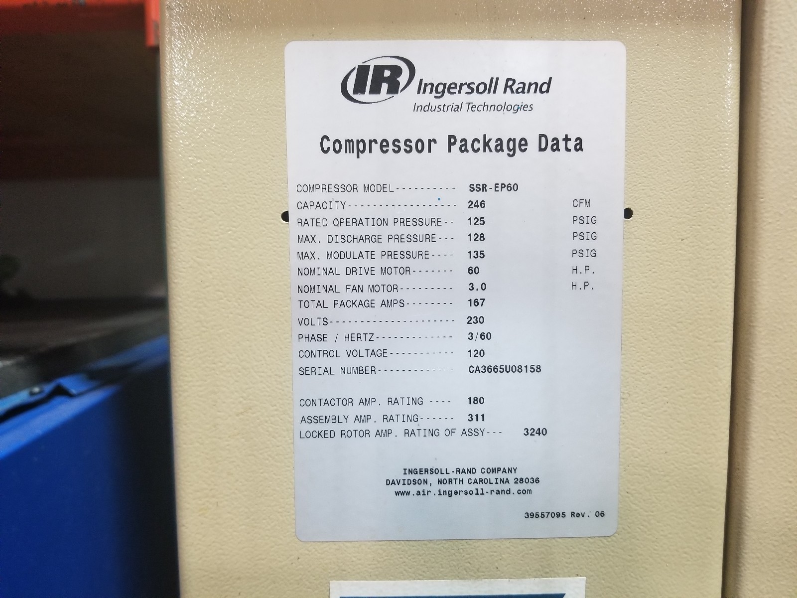 Ingersoll rand air compressor SSR-EP 60