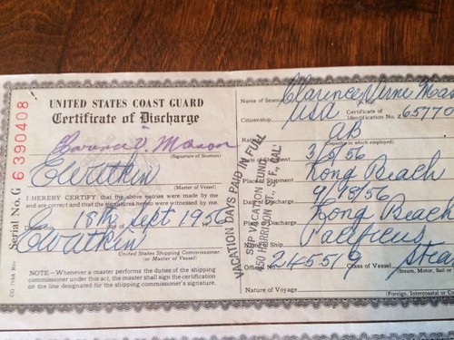 3 1956 U.S. Coast Guard Certificate of Discharge Merchant Seaman Steam Vessels