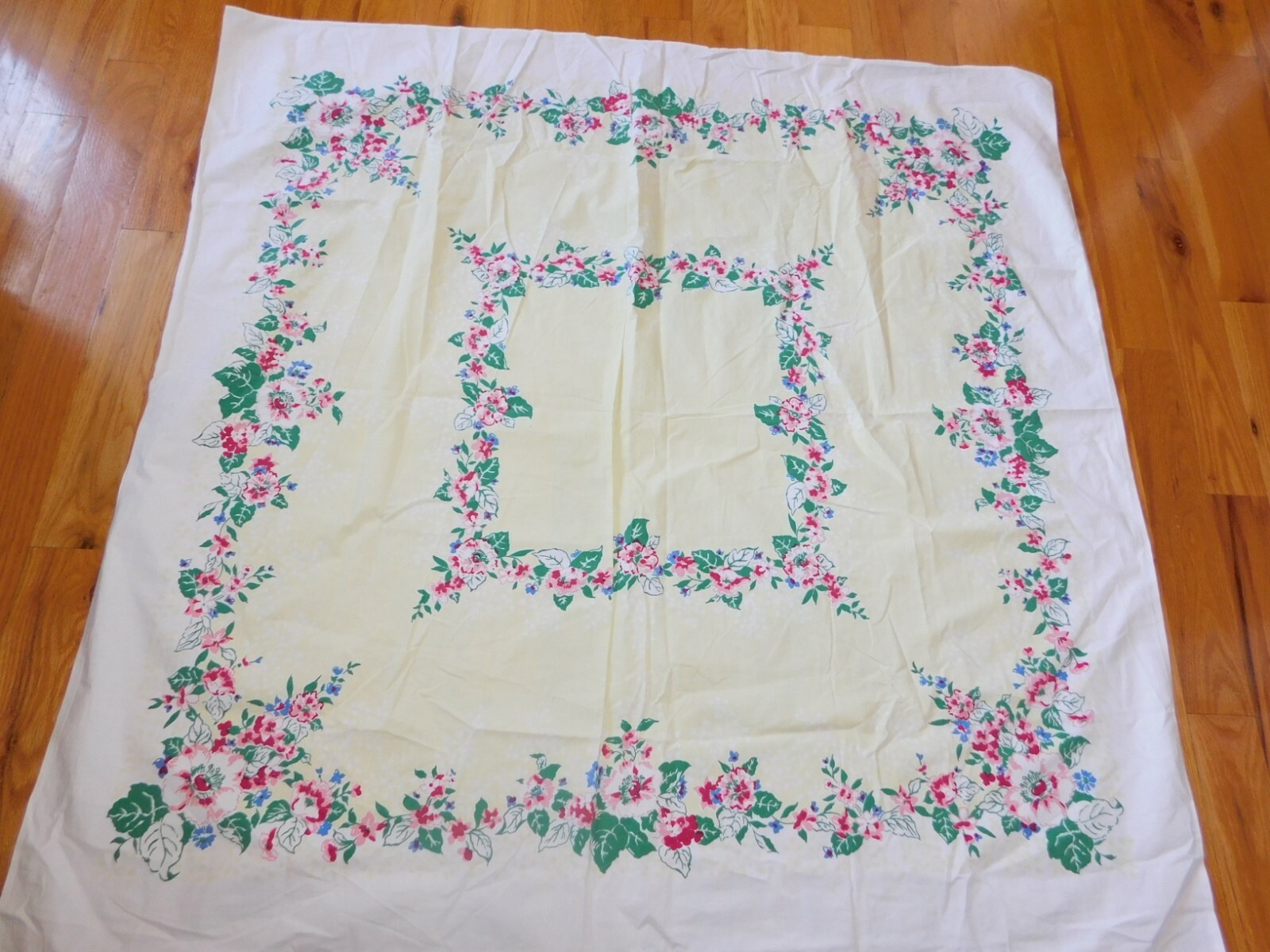 Pink Floral Yellow Tablecloth Vintage Mid Century