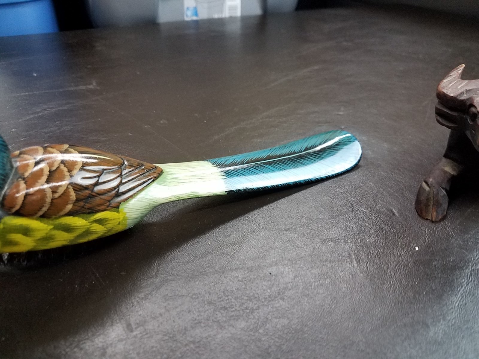 Hand Painted Beautiful Bird Shoe Horn & Brush ,Hand Carved Water Buffalo