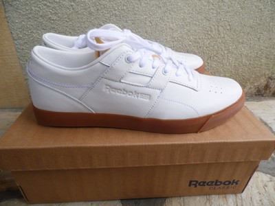 reebok workout plus white sneakers with gum sole