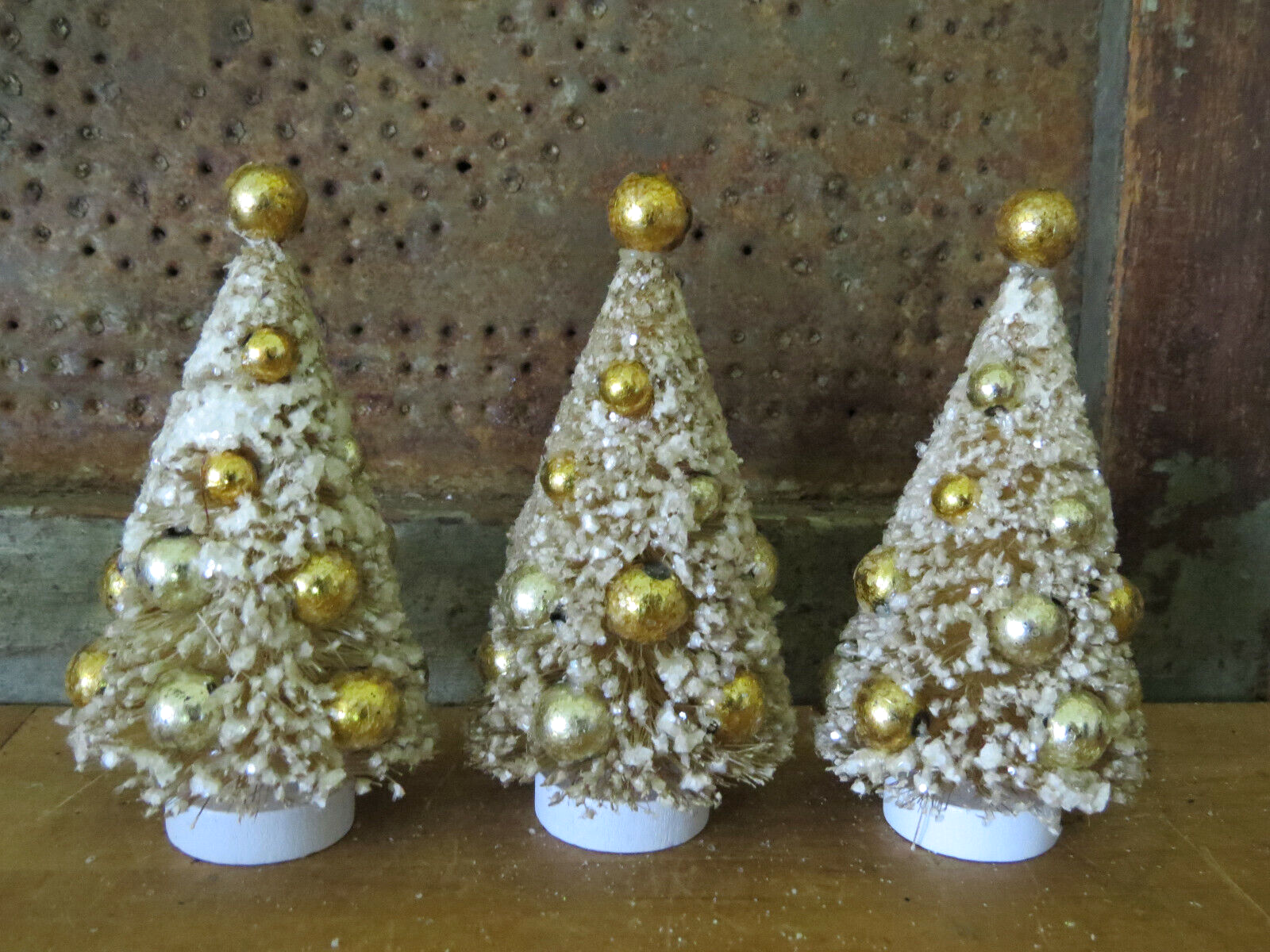 Mica Snow Bottle Brush Christmas Tree Cream Silver Gold Vintage Style Set of 3