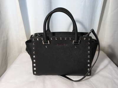 NWT Michael Kors Selma Studded Leather Medium Top Zip Satchel 30T3SSMS2L Black