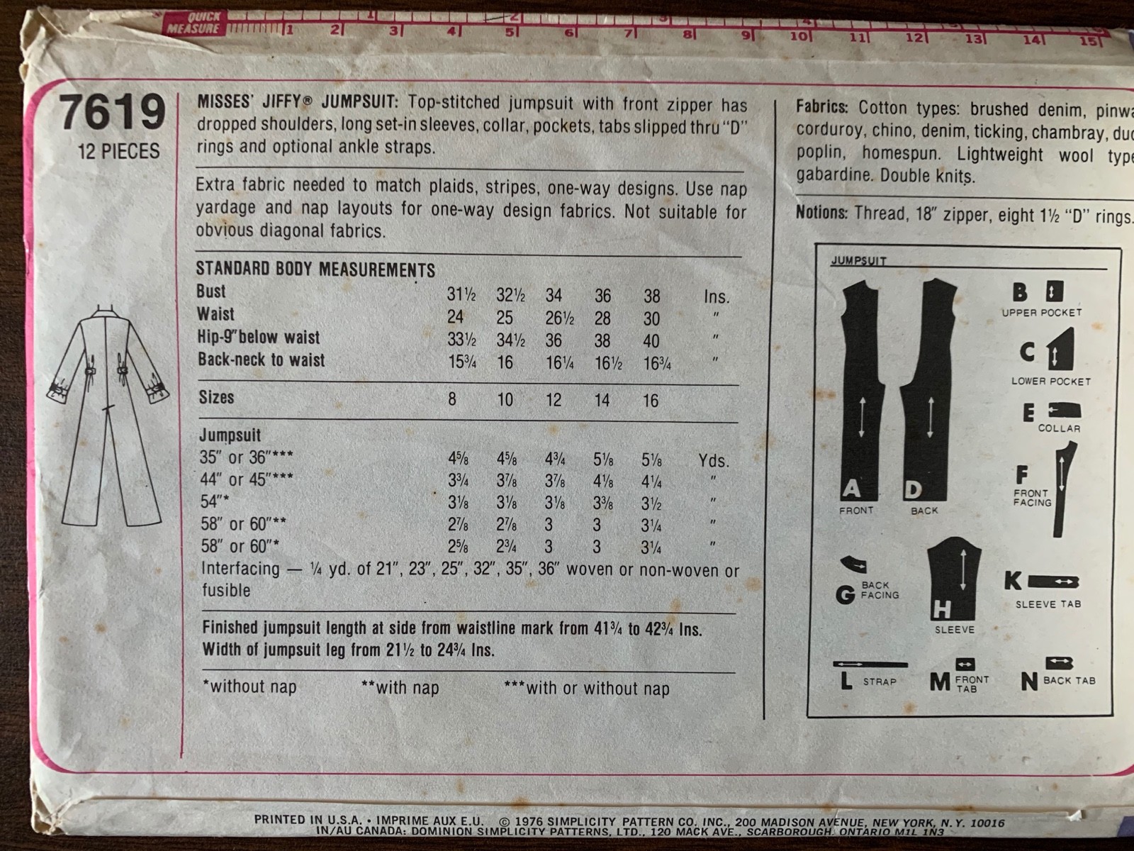 Vintage 70's Simplicity pattern 7619 men's jiffy jumpsuit front zipper uncut 42
