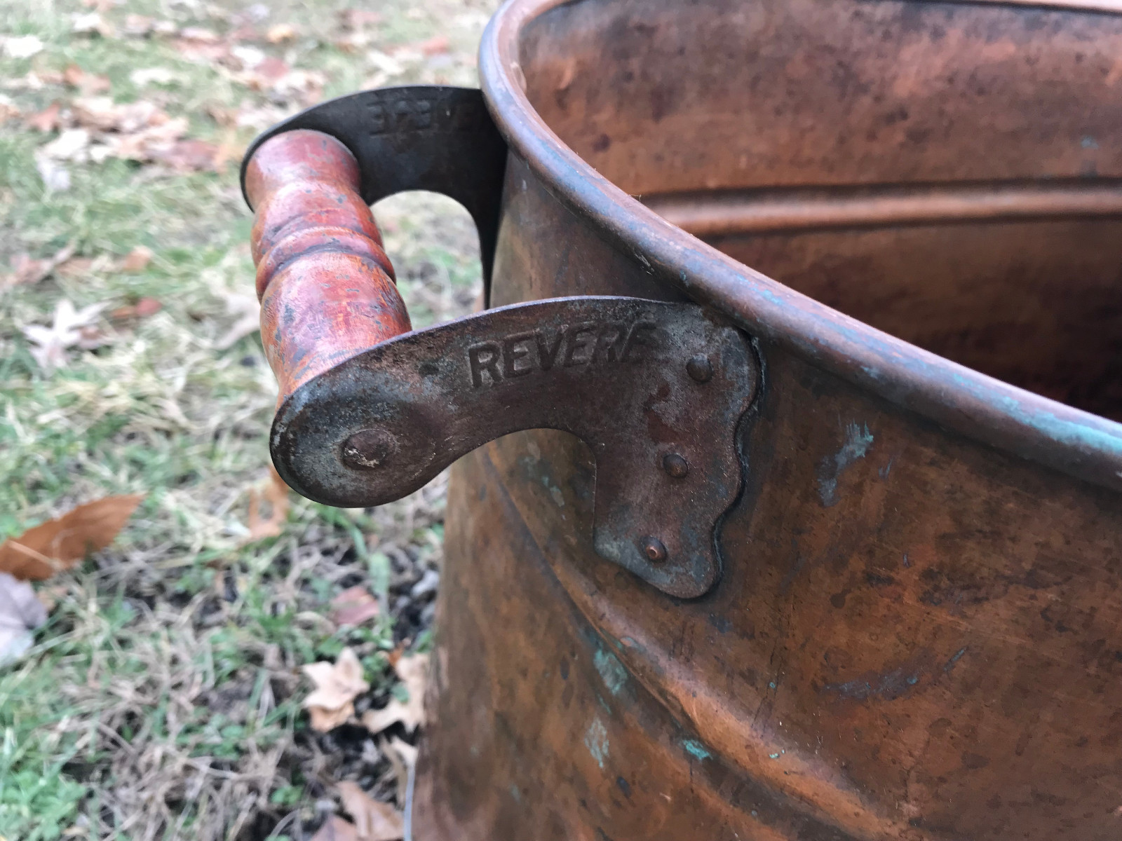 Old Revere Unpolished Copper Boiler / Wash Tub, Red Wooden Handles, Free S/H