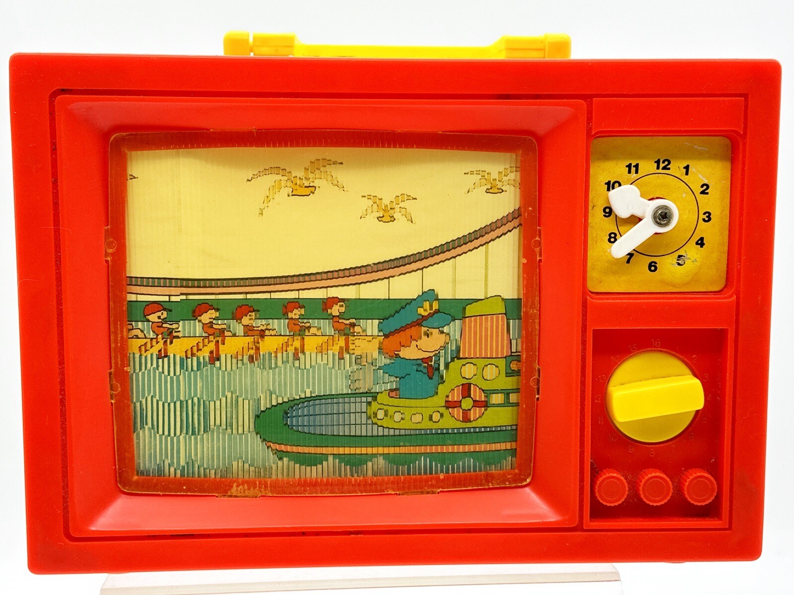 Vintage 1979 Blue Box Wind Up Moving Screen Musical Toy TV