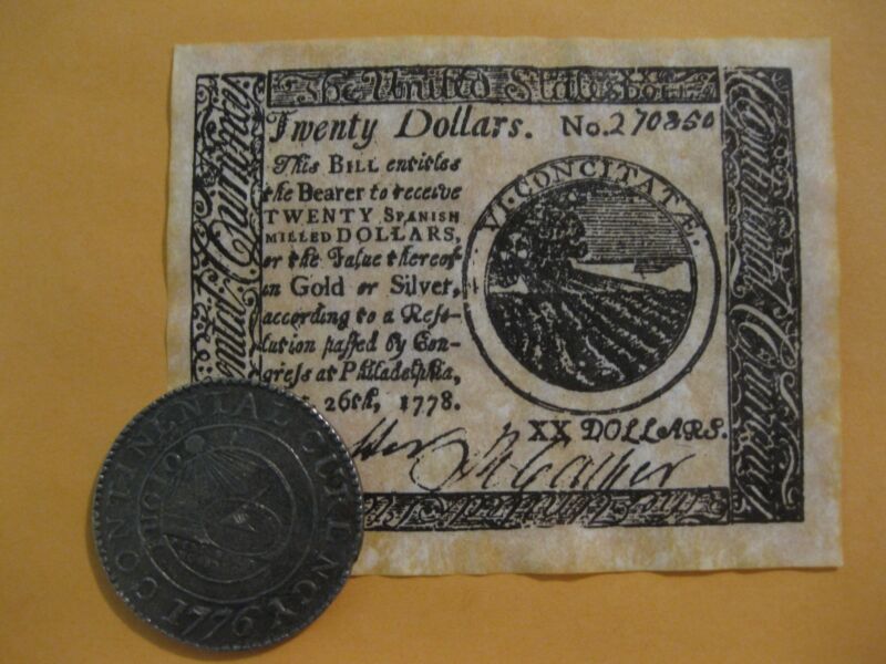 U.S. Colonial Coin and Banknote set  Historical item Continental Dollar  History