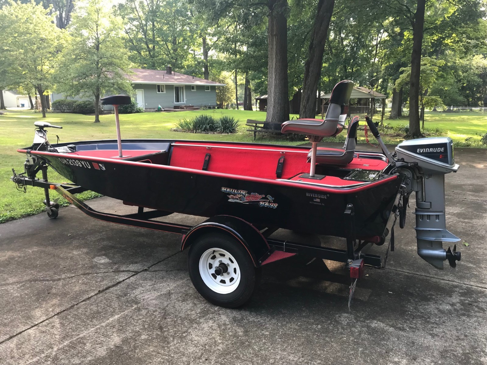 1987 Haulin' Bass Fiberglass Boat w/ 15 HP Motor, Trailer, Extras. One owner!!!!