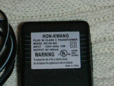 HON KWANG PLUG IN CLASS 2 TRANSFORMER MODEL A9 400 IN:120V 60HZ 12W OUT:9V 400mA