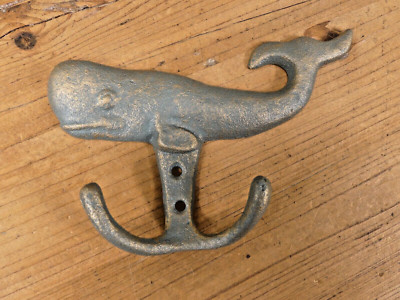 Cast Iron WHALE Wall HOOK  6 1/2'' Long Nautical Beach Decor Bathroom Sea Fish