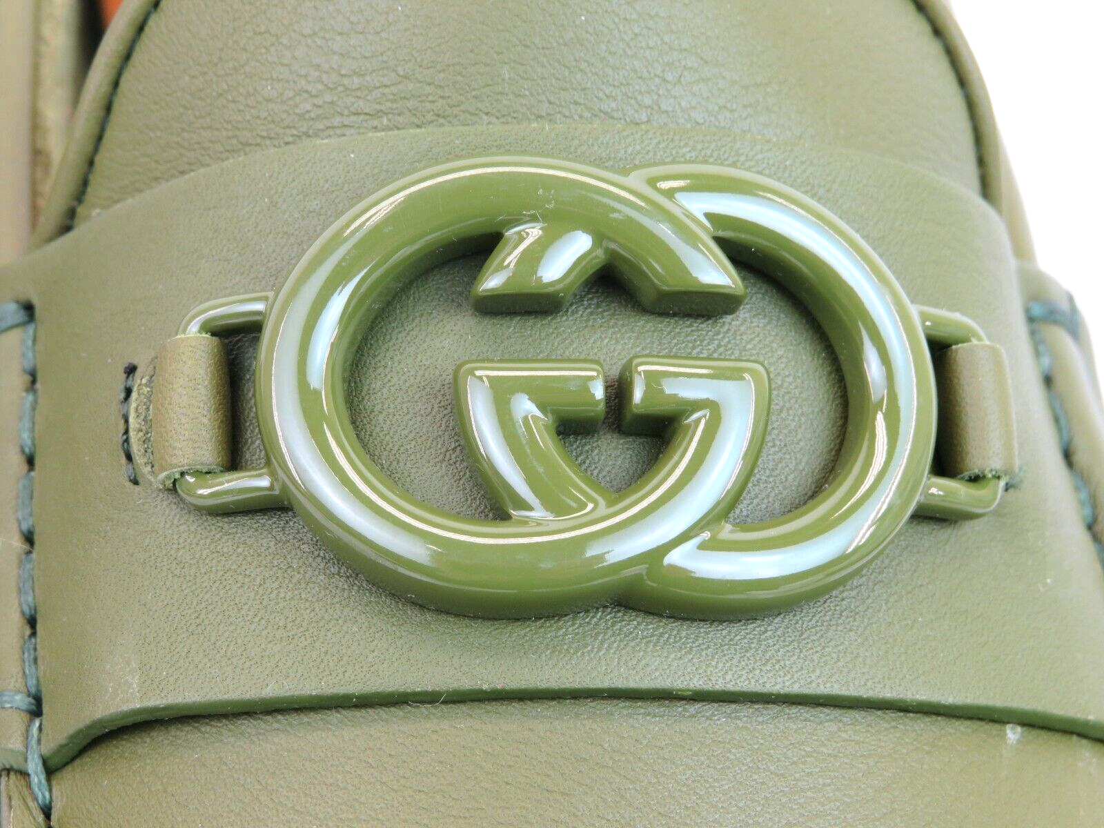 Pre-owned Gucci 692379 Olive Green Leather Gg Logo Moccasin Driving Loafers 10 / Us 11