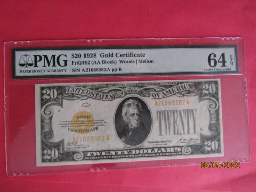 1928 $20 GOLD CERTIFICATE  "PMG 64 EPQ" Fr#2402