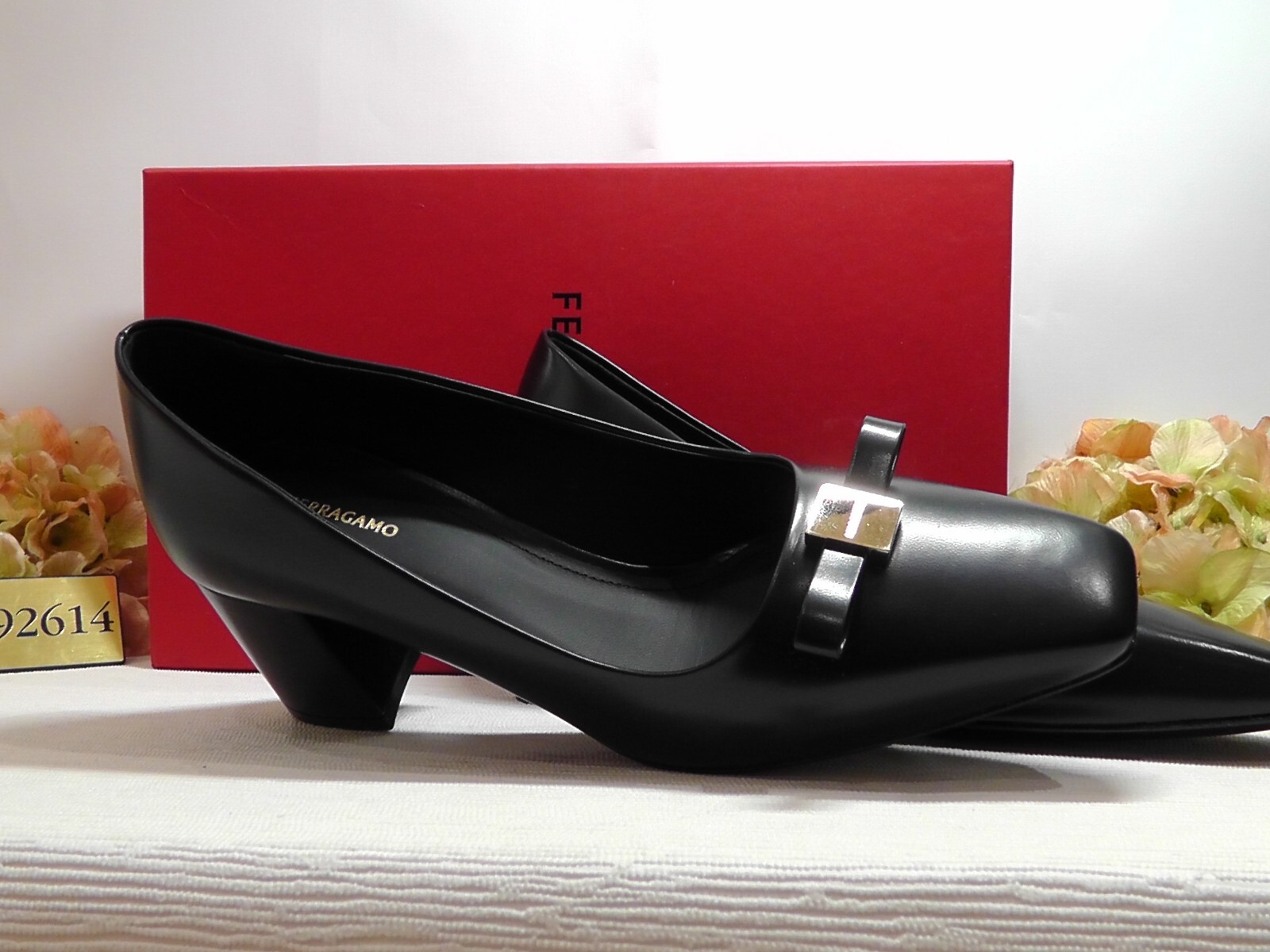 Pre-owned Ferragamo Black Leather Myra Bow Block Heel Pumps Size 9c $850nib