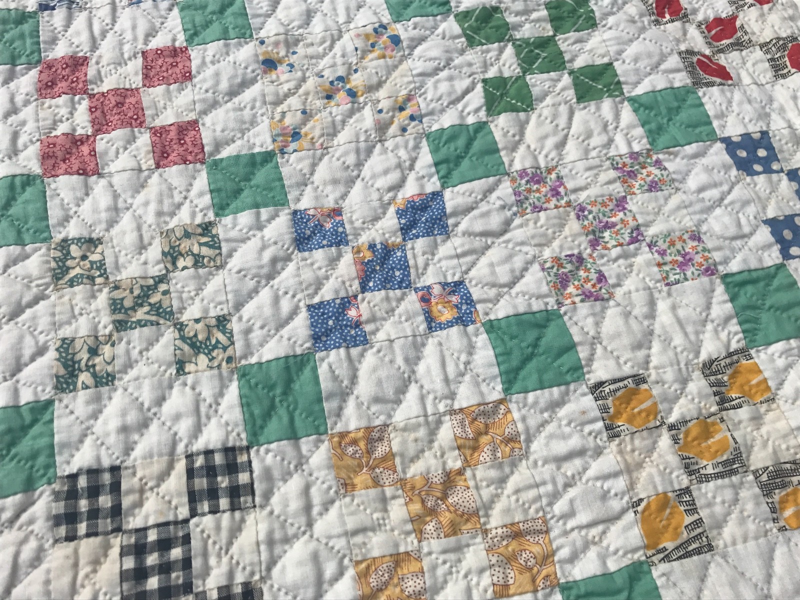 Vintage Postage Stamp Quilt Irish Chain Feed Sack Material Feedsack Green