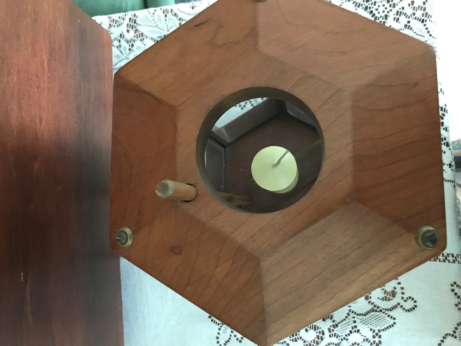 Krantz Colonial WoodKrafts Hand Crafted Candle Holder Etched Glass Hexagonal VTG