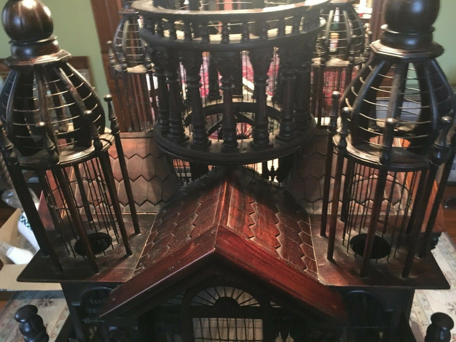 VINTAGE MAHOGANY WOOD BIRD CAGE SACRE COUER CATHEDRAL W/ TABLE 6 FOOT TALL NICE!
