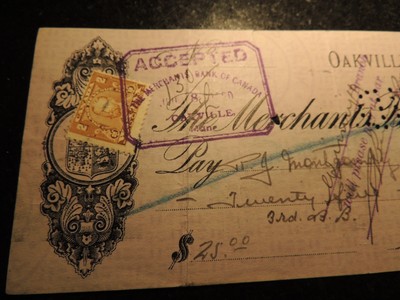 MERCHANT BANK OF CANADA LARGE CHEQUE CHECK OAKVILLE MANITOBA $25.00 1920 JULY 6