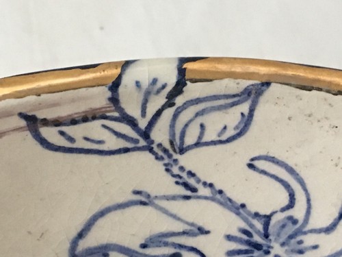 D Beall Pottery Bowl Blue And White Flowers Gold Trim Primitive Hand Thrown