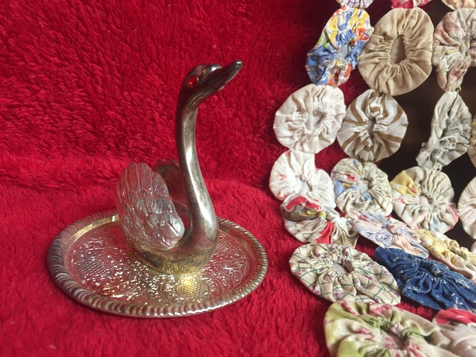 Vintage Silverplate Swan Ring Holder with Red Rhinestone Eyes NOS Original Box