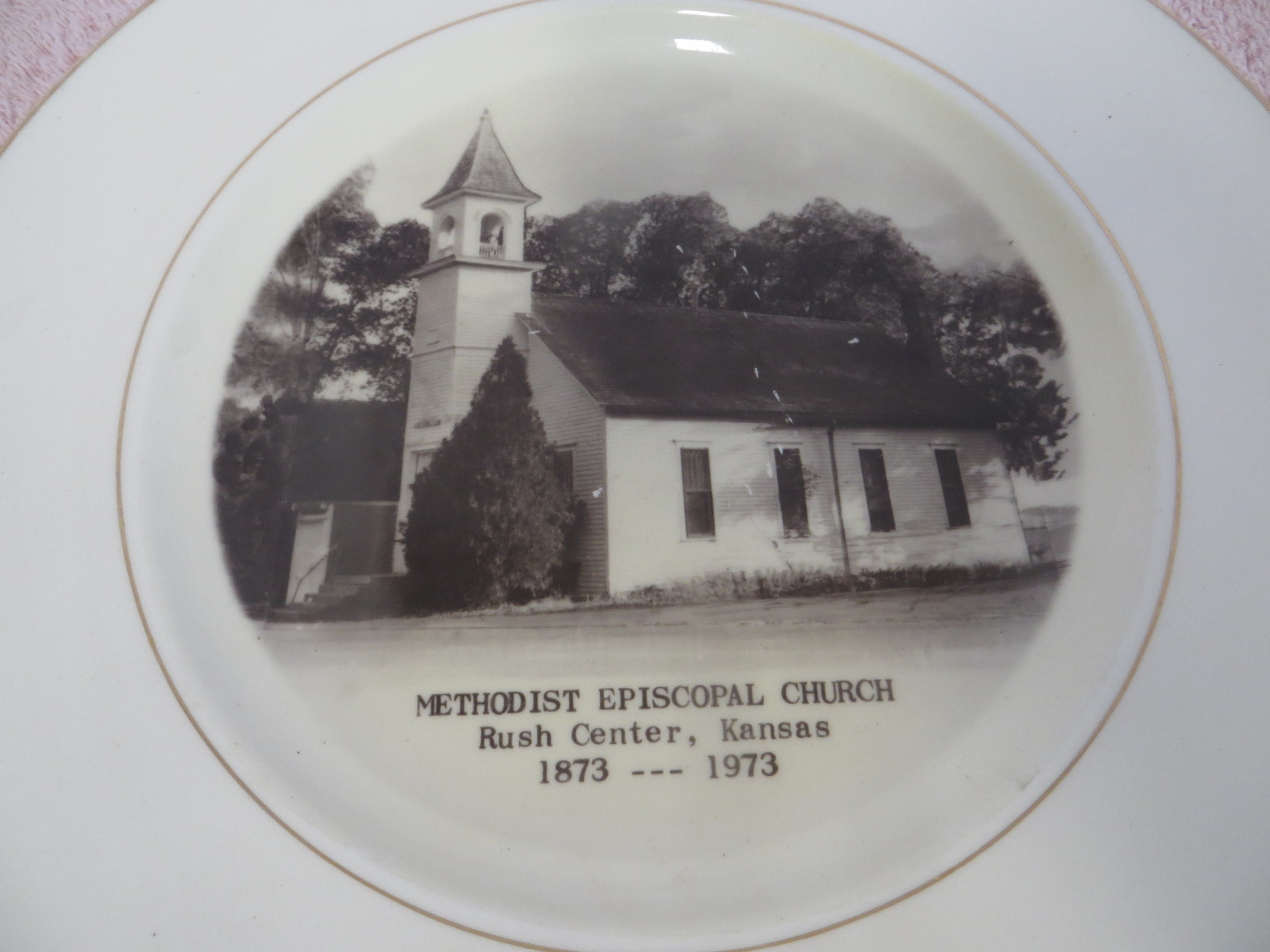 Vintage Advertising Plate - Methodist Episcopal Church - Rush Center, KS - 1973