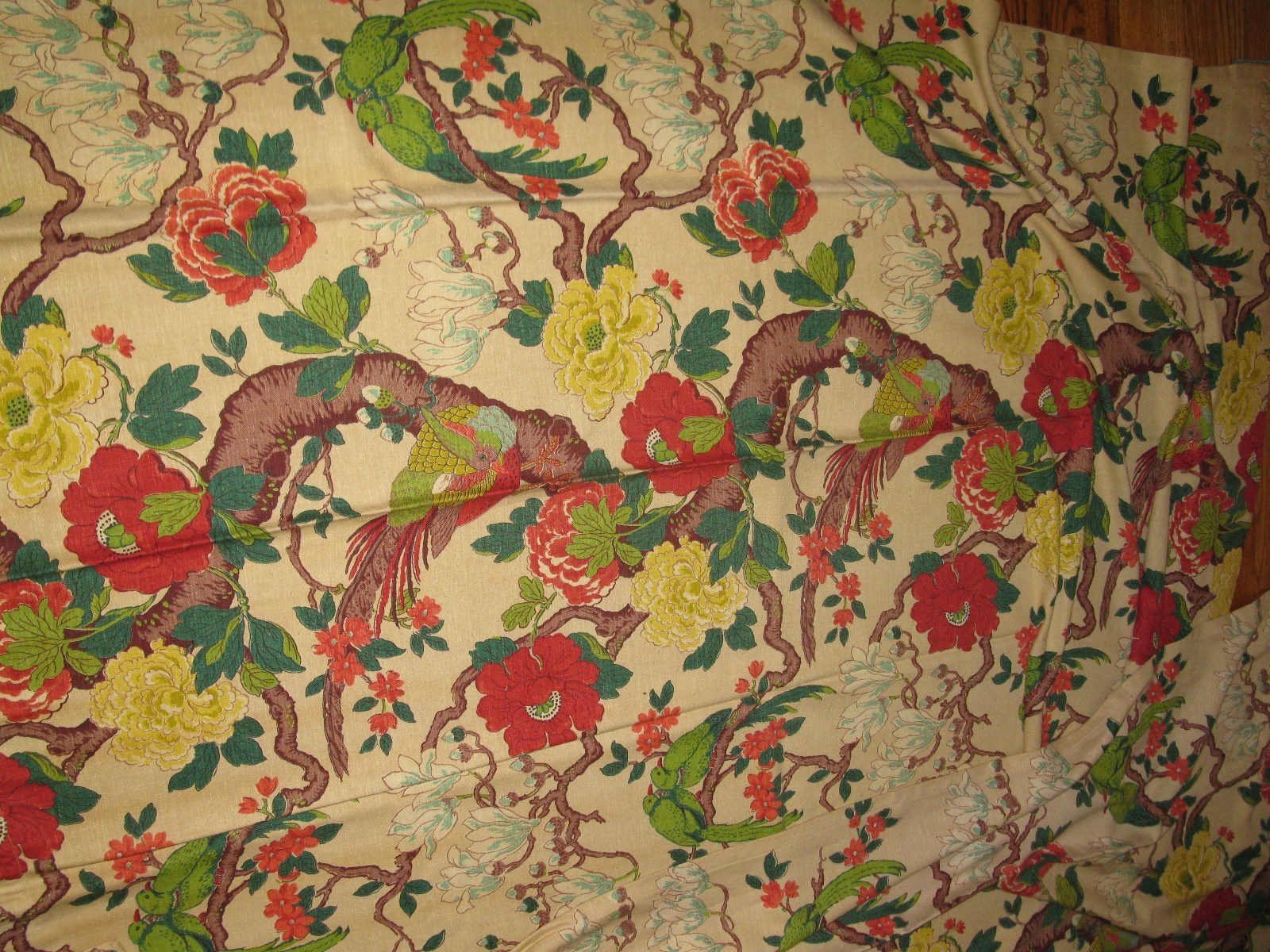 Vintage Parrots,Tree,tropical Barkcloth  Draperies 72x43 nice condition